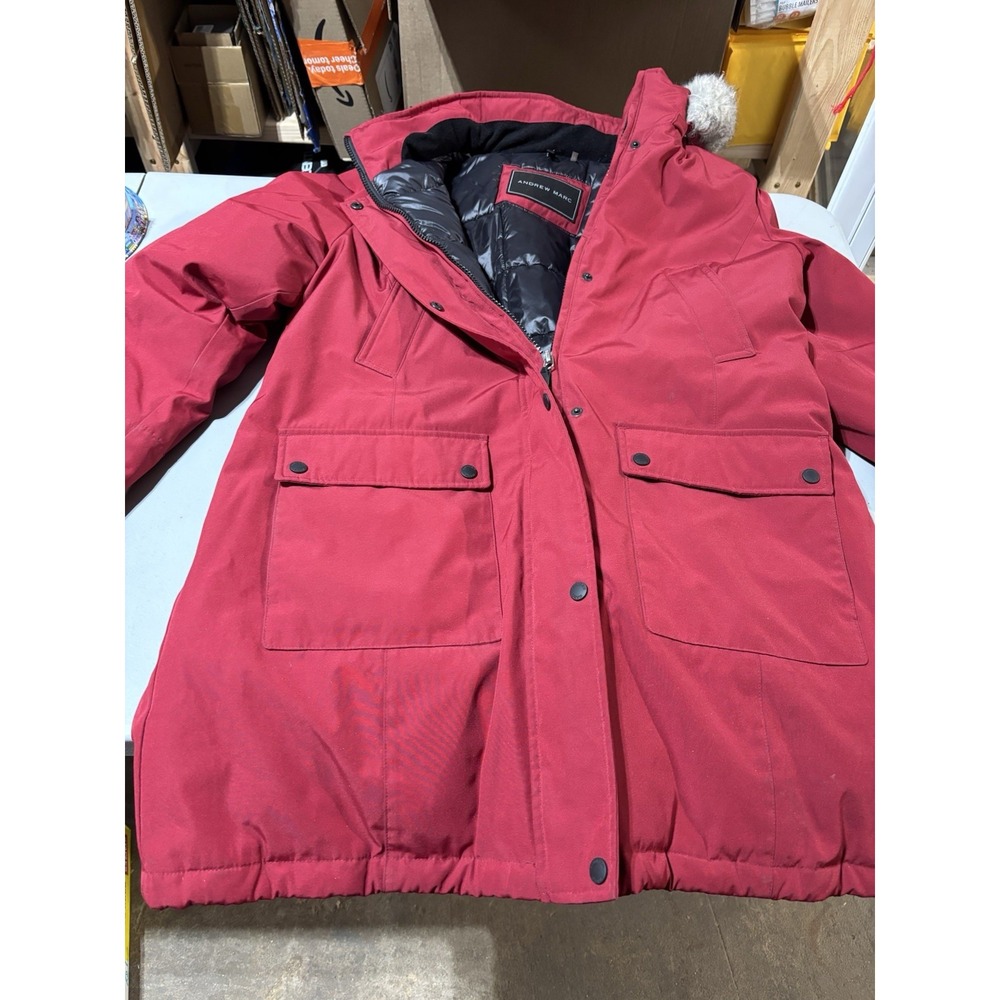 Andrew Marc Women's XL Long Puffer Quilted Hooded Parka Coat Red Full-Zip Winter